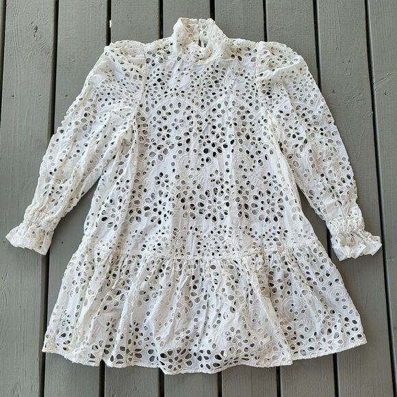 Women's White Sheer Eyelet Long Sleeves Puff‎ Shoulder Flounce Hem Mini Dress L - Picture 1 of 8